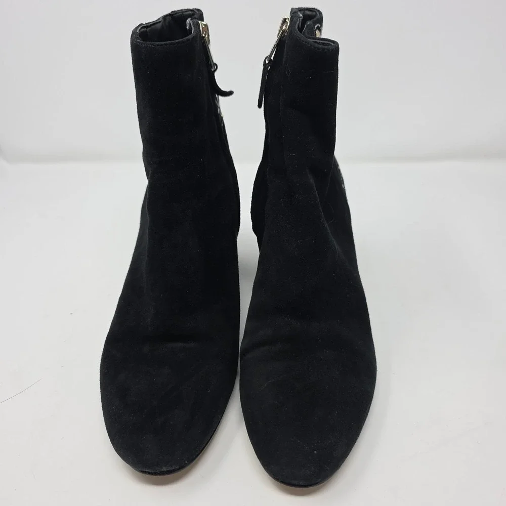 Sam Edelman Ankle Boots Womens 7.5 Black Suede Embroidered Pearl Stud Block Heel